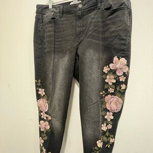 Lane Bryant Black Jeans with Pink Floral Embroidery